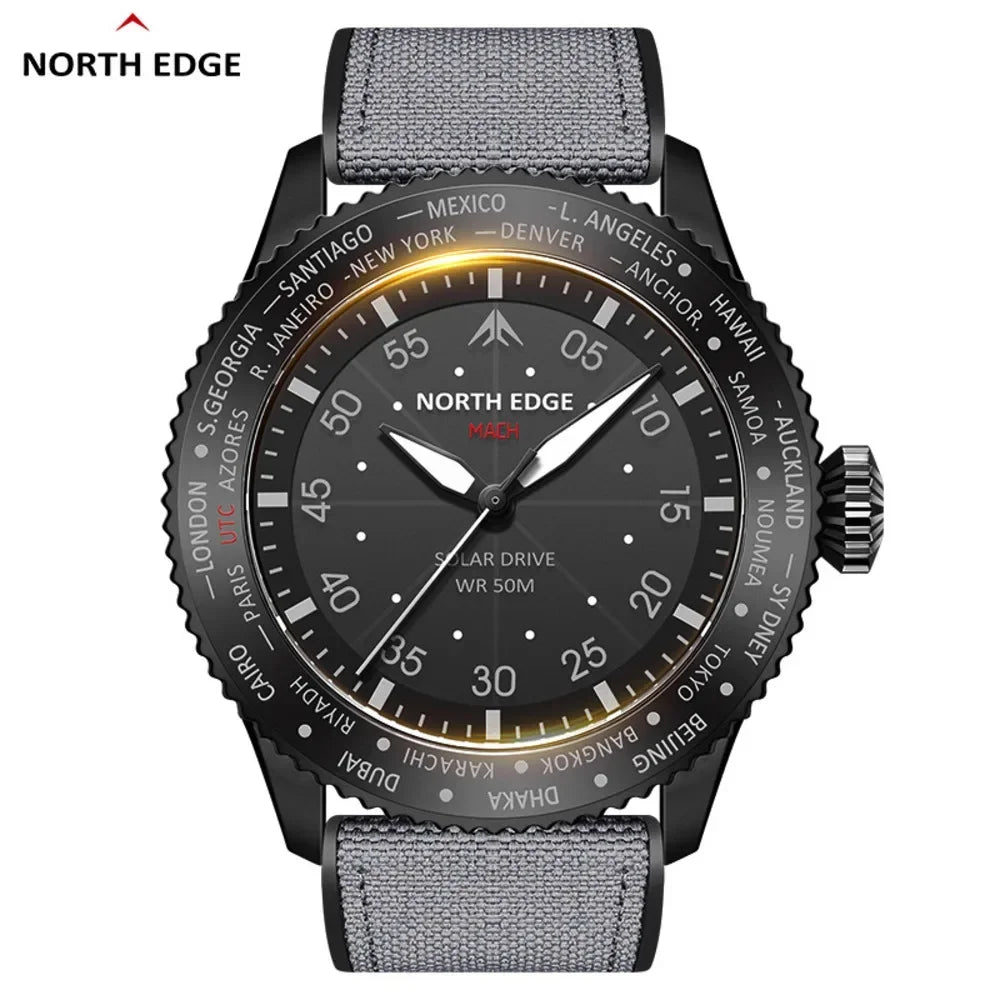 NORTH EDGE MACH 2024 Solar Powered Men's Watch – Dual Time Zone Waterproof Pilot Watch with TPR Nylon Strap