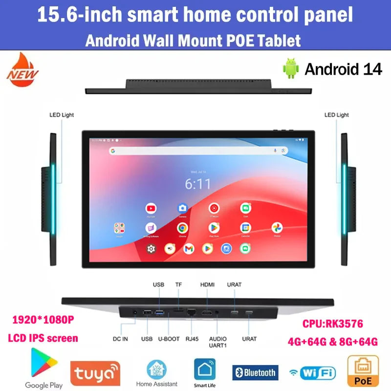 2025 Slim Edge 15.6″ Android 14 POE Tablet — Smart Home Panel with LED IPS Touchscreen, Google Play, RK3576