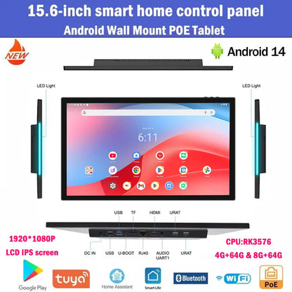 2025 Slim Edge 15.6″ Android 14 POE Tablet — Smart Home Panel with LED IPS Touchscreen, Google Play, RK3576