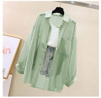 Summer Sunscreen Shirt – Elegant Thin Chiffon Korean Harajuku See-Through Loose Blouse & Casual Women’s Cardigan