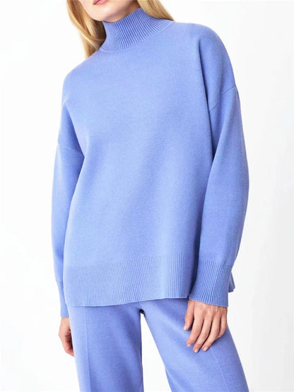 Women’s 2-Piece Autumn & Winter Knitted Tracksuit – Turtleneck Sweater with Straight Jogging Pants Set