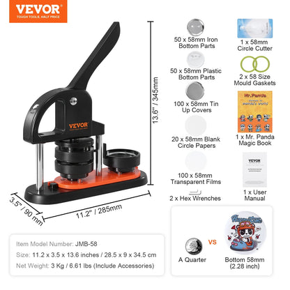 VEVOR Button Maker Machine — 25/32/58mm Pin Maker with Parts, Ergonomic Arc Handle Punch Press Kit