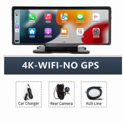 4K 10.26-Inch Dash Cam with Rearview Camera – WiFi CarPlay & Android Auto DVR, GPS Navigation, Dual Lens Mirror Recorder with AUX