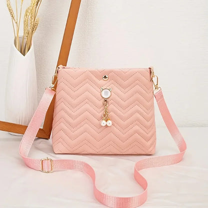 Women's Quilted Crossbody Bag - Cat Pearl Pendant Shoulder Purse Elegant Handbag for Gifts & Daily Style