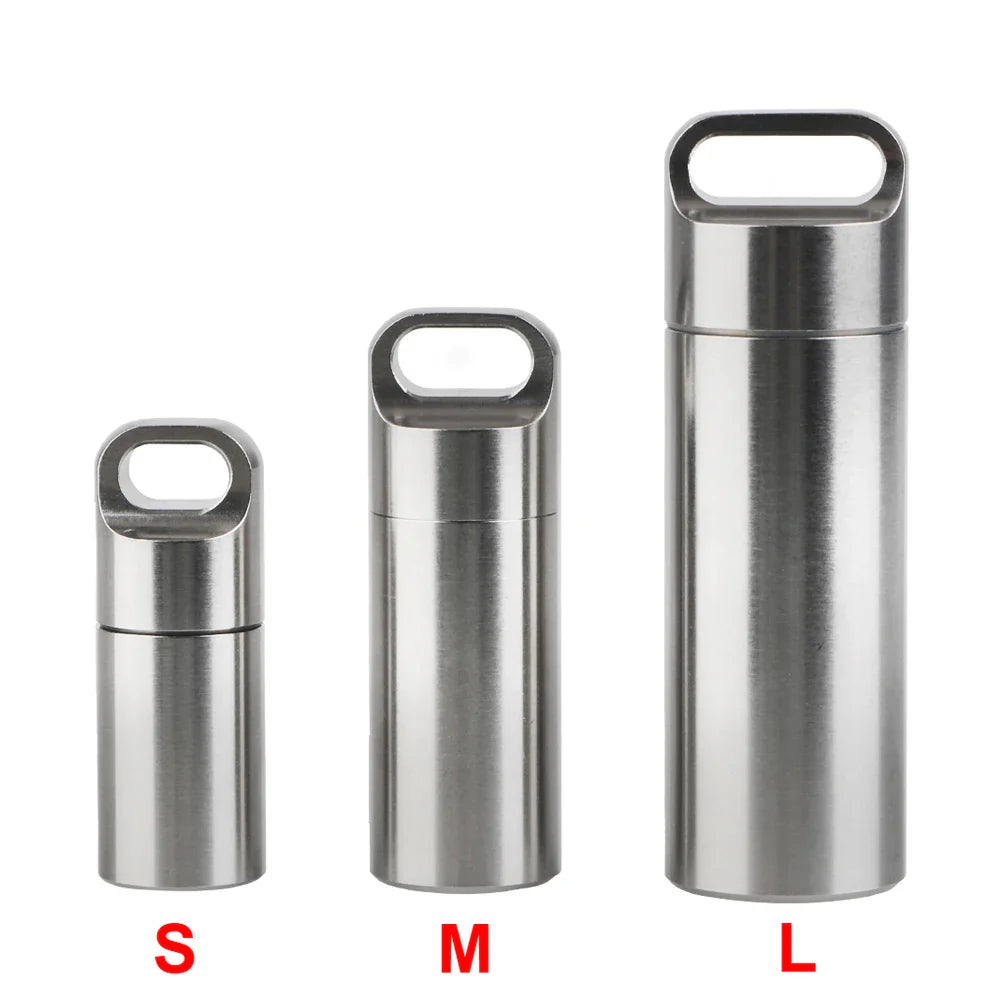 Stainless Steel Mini Pill Storage Box — S/M/L Waterproof Medicine Case with Keychain Seal Rings, Portable First Aid & Camping Pendant