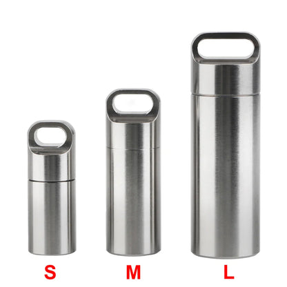 Stainless Steel Mini Pill Storage Box — S/M/L Waterproof Medicine Case with Keychain Seal Rings, Portable First Aid & Camping Pendant