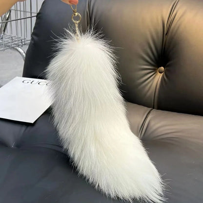 Natural Fox Fur Tail Keychain – 40cm Furry Racoon Bag Charm & Fluffy Keyring Accessory for Women