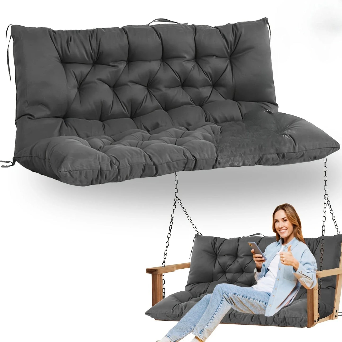 Patio Rocking Chair Cushion - Thick All-Weather Outdoor Seat Pad with Ties & Ergonomic Lumbar Backrest Support