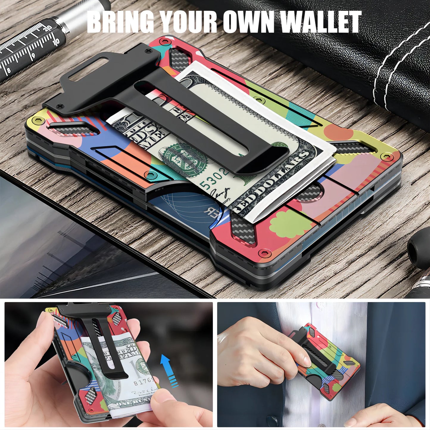 Slim RFID Blocking Metal Wallet for Men – Minimalist Aluminum Money Clip with Clear ID Holder, Holds Up to 15 Cards