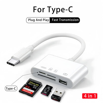 4-in-1 USB Card Reader – SD/TF Card Adapter for iPhone 14/13/12/11 Pro Max & iPad, Lightning Fast Charging for MacBook & Camera