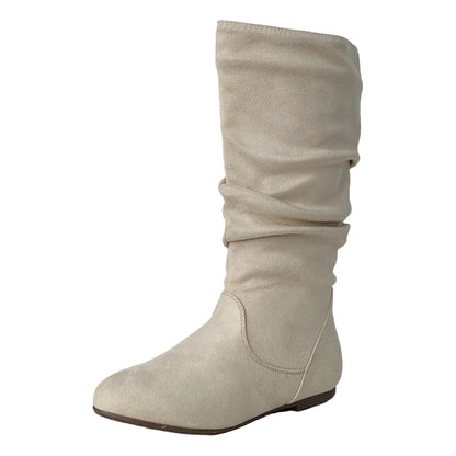 Pleated PU Women’s Fashion Boots – Casual Side-Zip Round Toe Flat High Solid Color Boots
