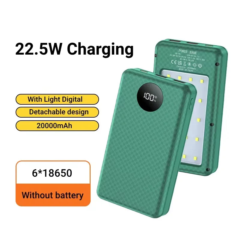 6×18650 20000mAh Power Bank Case – 22.5W Fast Charge & 15W Wireless Charging Battery Holder for Phones
