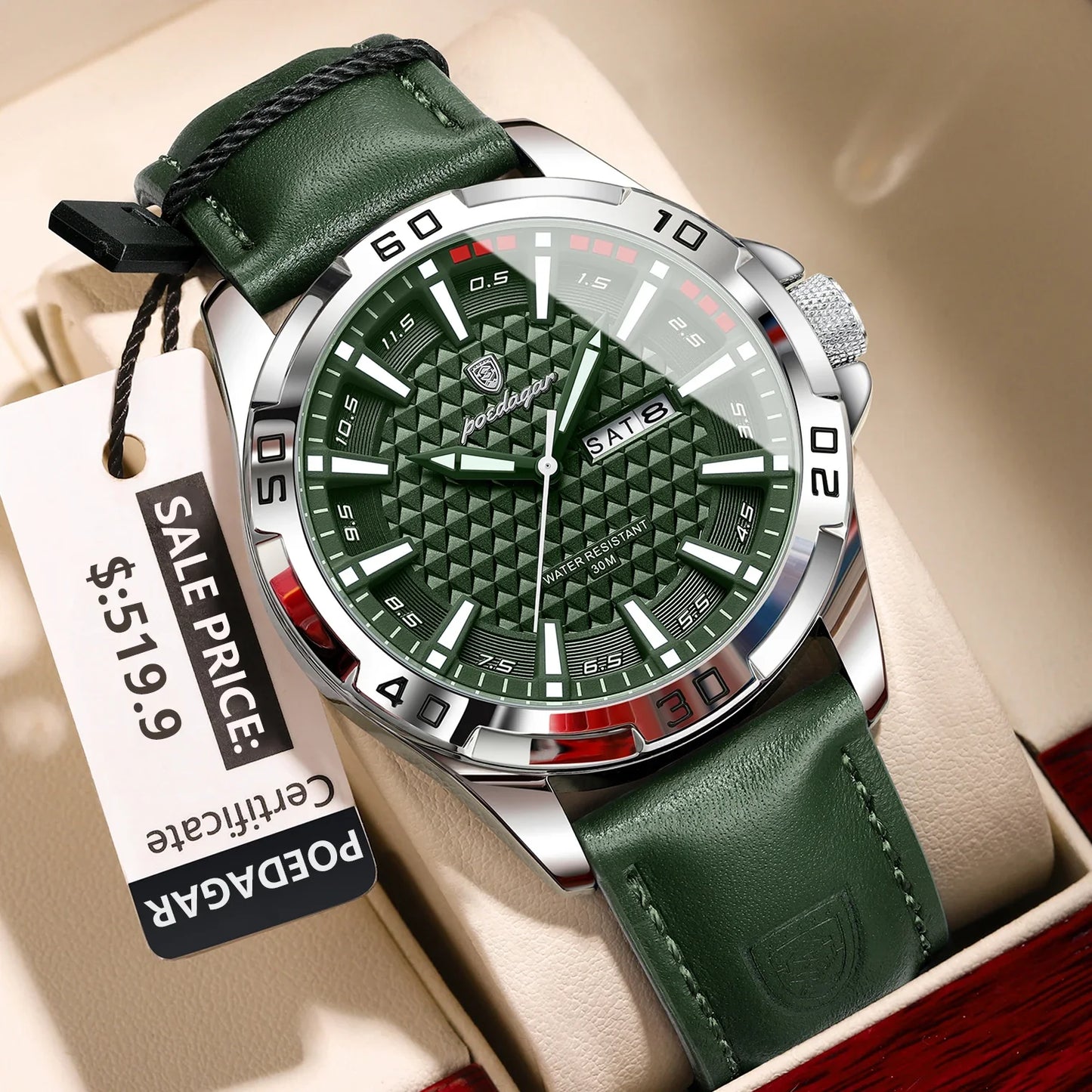 POEDAGAR Men’s Luxury Wristwatch – Waterproof Quartz Sport Watch with Luminous Hands, Date & Week Display, Leather Strap