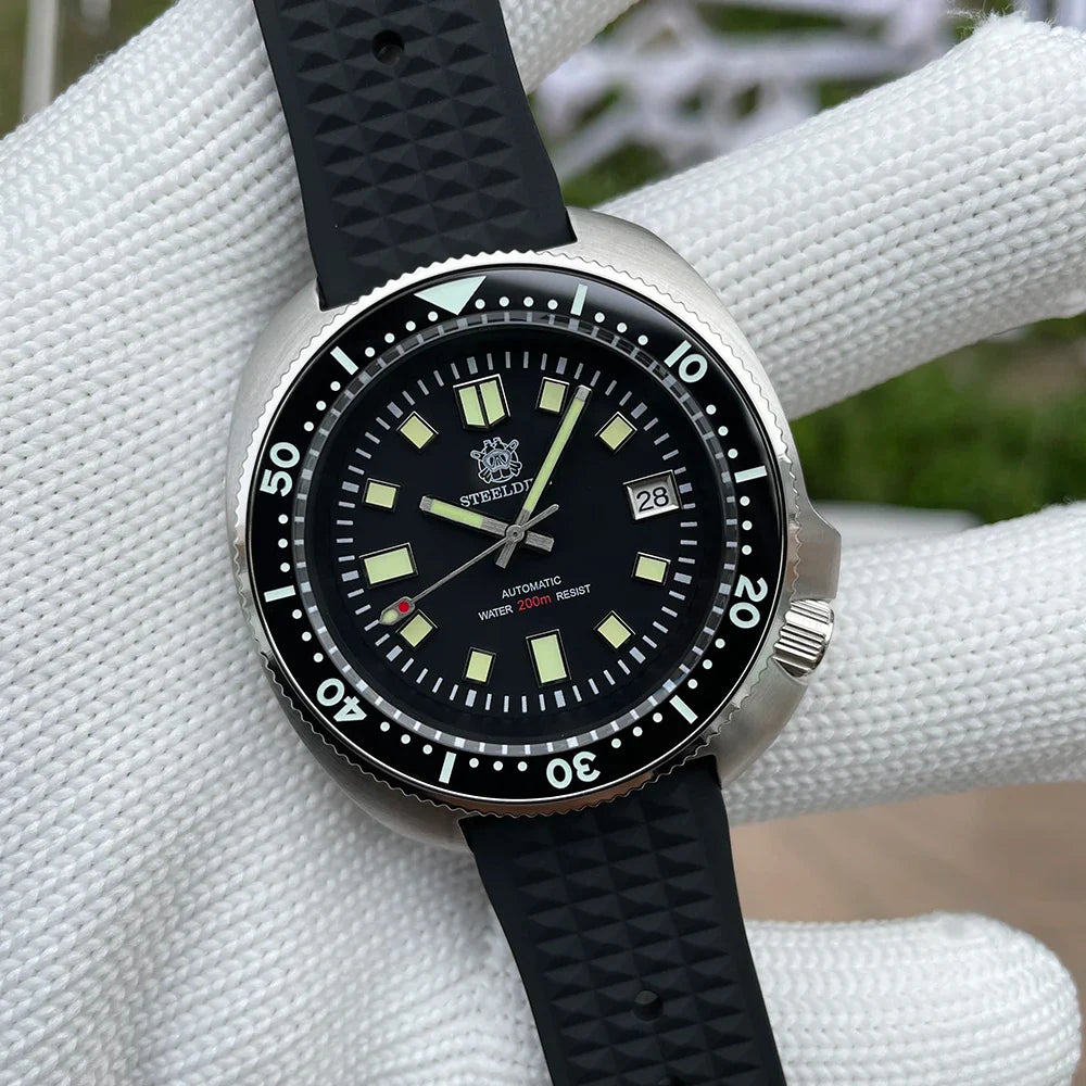 Steeldive SD1970 Men’s Automatic Dive Watch — 200M Waterproof, White Date Background, AR Coating Sapphire Glass, NH35 Black Dial Turtle Design