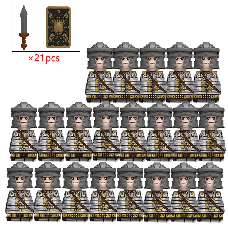 21PCS MOC Medieval Knights & Roman Legion Soldiers Building Blocks Set Warrior Figures with Weapons Helmet Bricks Toy Collection