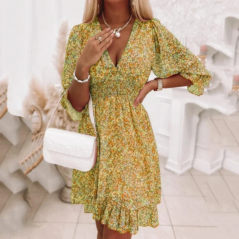 Women’s Summer Floral Midi Dress - Casual Bohemian Printed Short Sleeve Waist-Fitted Pullover Dress