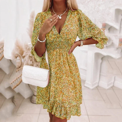 Women’s Summer Floral Midi Dress - Casual Bohemian Printed Short Sleeve Waist-Fitted Pullover Dress