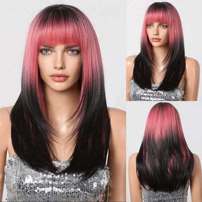 ALAN EATON Blonde Layered Synthetic Wig with Bangs – Long Straight Heat-Resistant Wig for Women & Girls, Natural Daily Hair