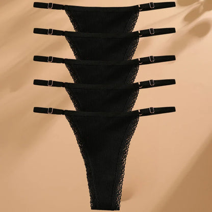 5PCS Cotton G-String Panties Set — Sexy Women’s T-Back Underwear, Adjustable Waist Thong Lingerie Briefs