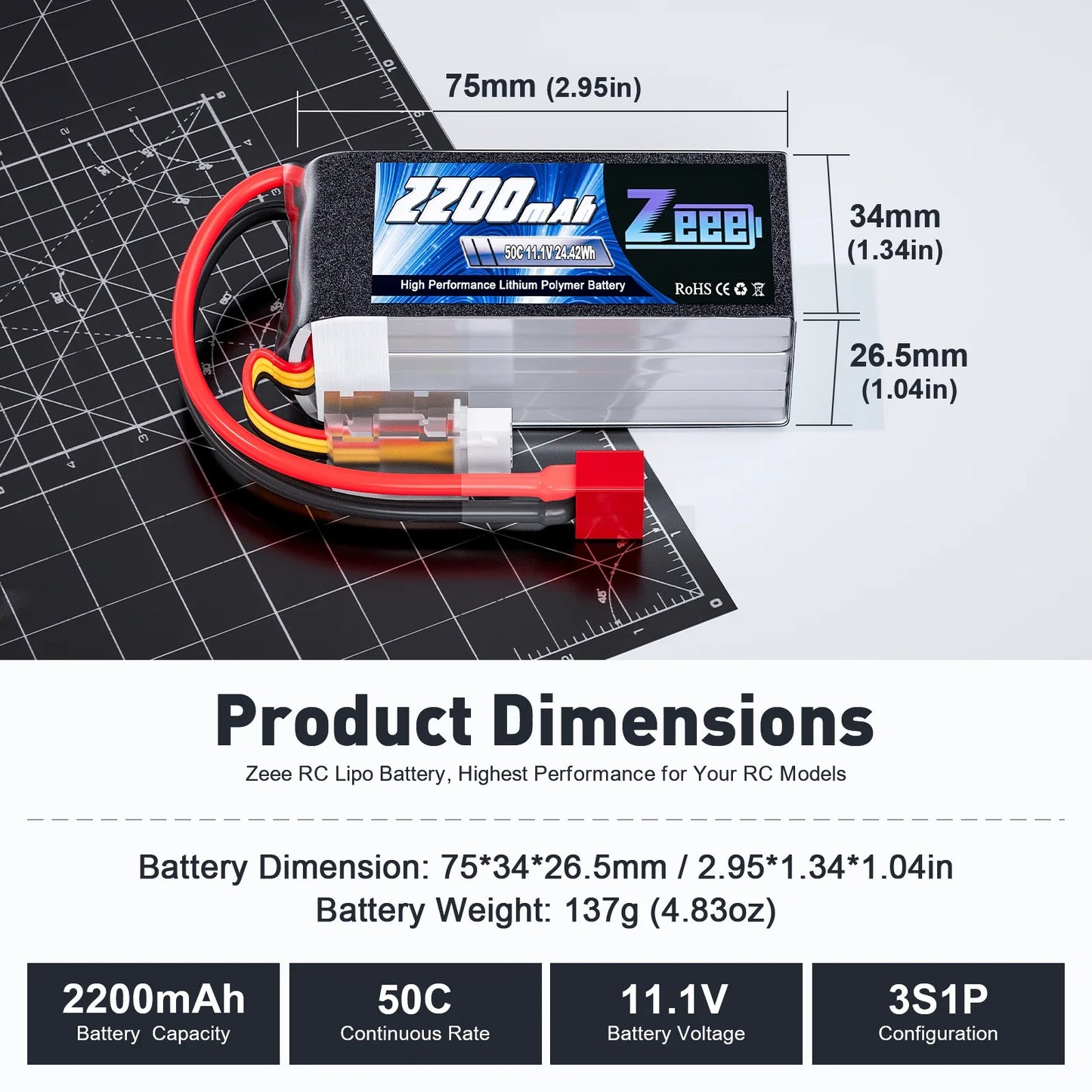 2PCS Zeee 3S 2200mAh 11.1V LiPo Battery – Shorty RC Battery with T/XT60 Plug for Cars, Drones & FPV Models