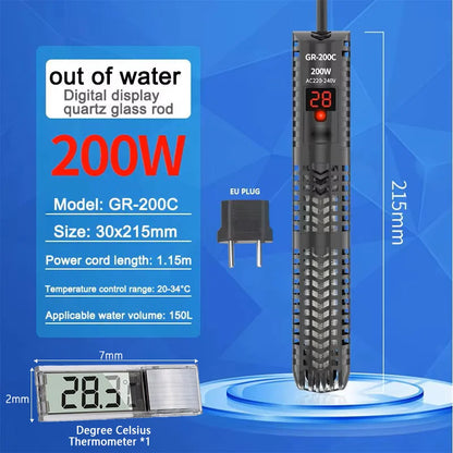 25W-300W Fish Tank Aquarium Heating Rod - Quartz Glass with Digital Display & Automatic Thermostat for Aquariums
