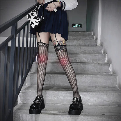Women’s Gothic Bat Fishnet Stockings - Harajuku Emo Mesh Thigh High Tights with Sexy Alternative Lingerie Style
