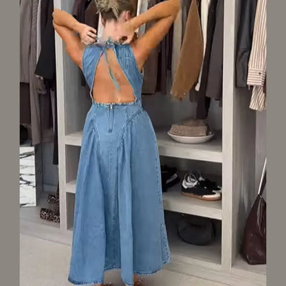 Elegant Pleated Denim Dress for Women – 2025 Chic Slim Fit Lapel Vestido with Short Sleeves & Single-Breasted Design