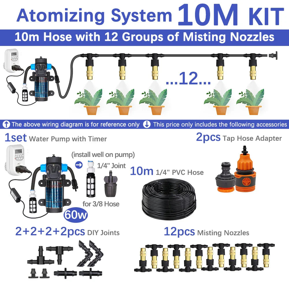 60W Self-Priming Misting Pump Kit 30–10m Cooling System with Adjustable Nozzle Atomizer for Garden Irrigation & Watering System