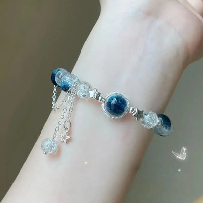 Star Chain Tassel Bracelet for Women – Fantasy Blue Crystal Beads on Elastic Rope, Perfect Gift for Best Friends