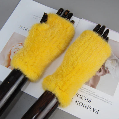 Women’s Winter Mink Fur Gloves – 100% Natural Fingerless Knitted Mittens for Warmth