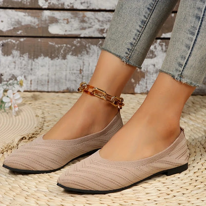 Women’s Solid Color Pointed Toe Knitted Slip-On Flats – Casual Breathable Ballet Loafers