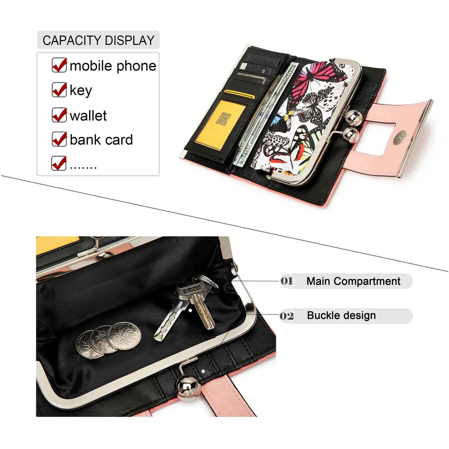 Women’s Leather Wallet — Large Capacity Long Purse with 10 Card Slots and Clips, Zero SY5025