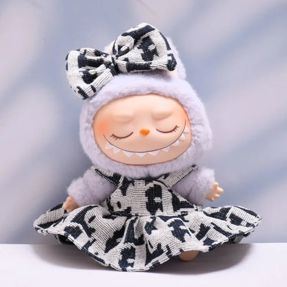 17cm Labubu II Mini Doll Clothes — Luxury Bow Headband Dress Outfit Set for Sitting, Party & Game Accessories