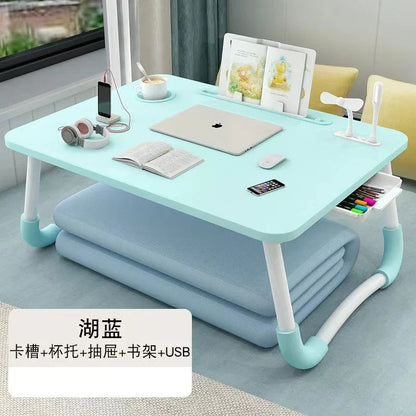 Foldable Laptop Desk for Bed & Sofa – Portable Lap Table with Cup, Book Holder, Drawer, and USB Slot