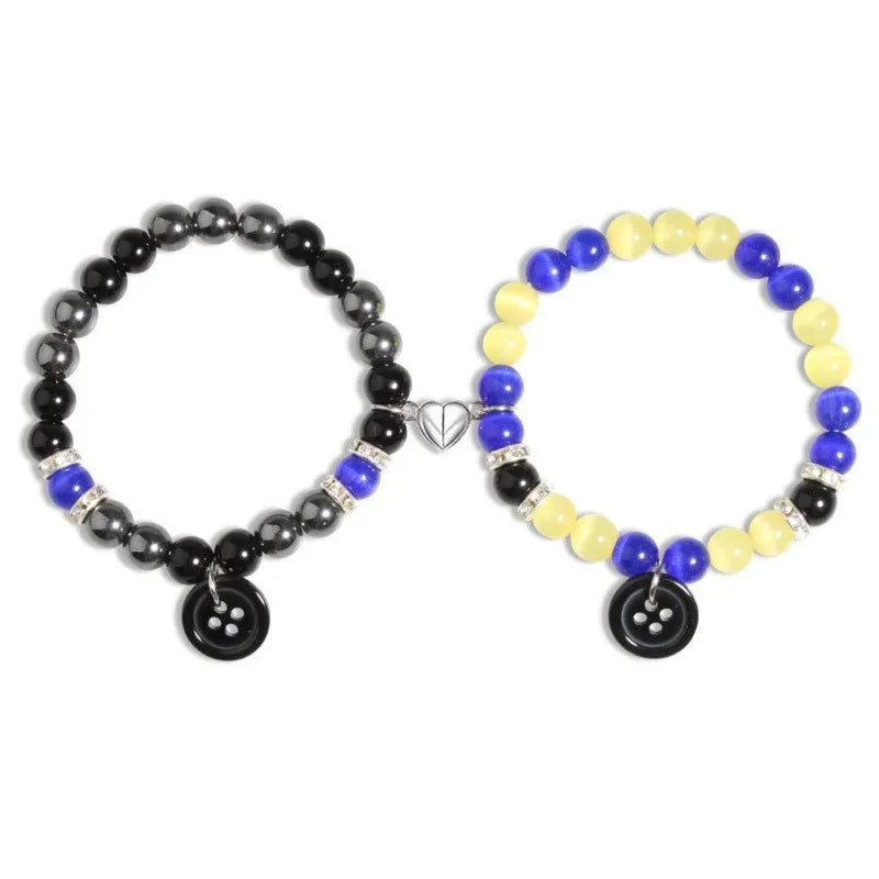 Spider Cat Charm Beaded Bracelet Set – Multi Color Cat Eye & Heart Bracelets for Best Friends with Red, Blue Beads & Fireball Spacer