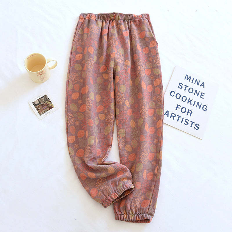 2025 Spring Summer Women's Pajama Pants – 100% Cotton Crepe Loose Fit Leaf Print Home Wear Bottoms