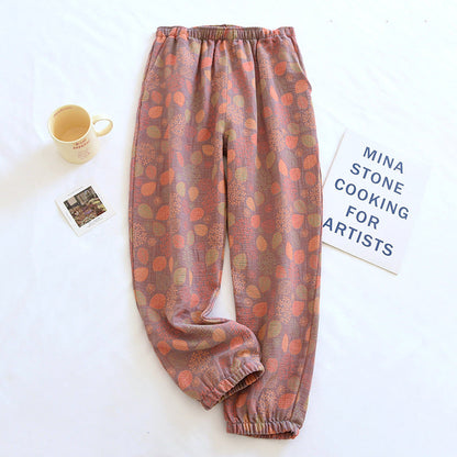 2025 Spring Summer Women's Pajama Pants – 100% Cotton Crepe Loose Fit Leaf Print Home Wear Bottoms