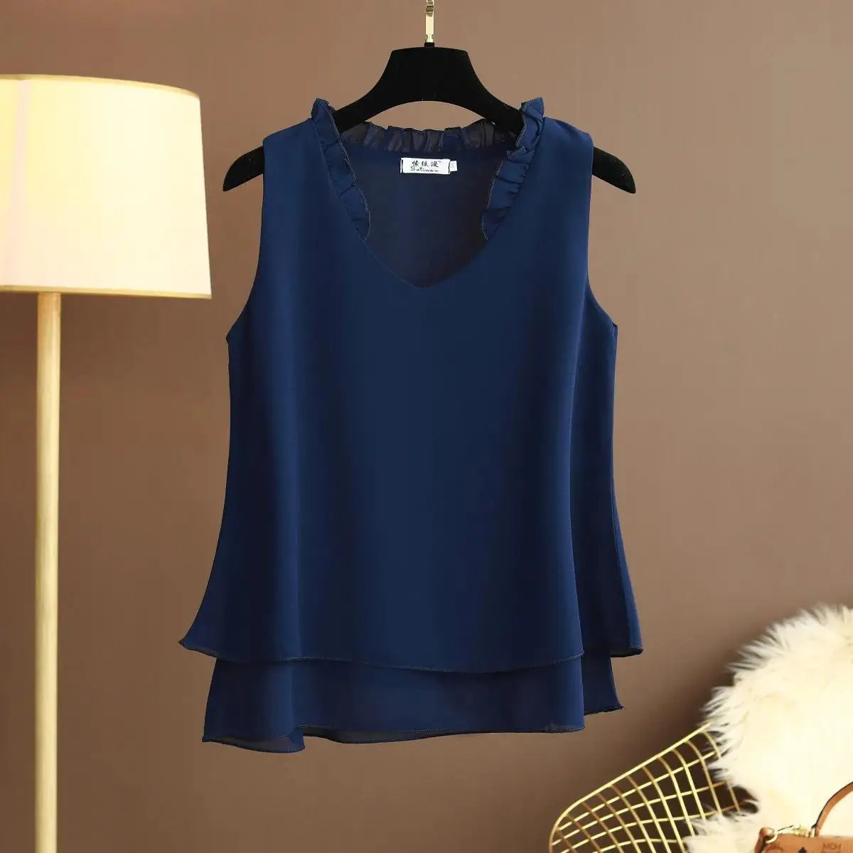 Women's Chiffon V Neck Blouse - Loose Sleeveless Plus Size Fashion Top M-5XL