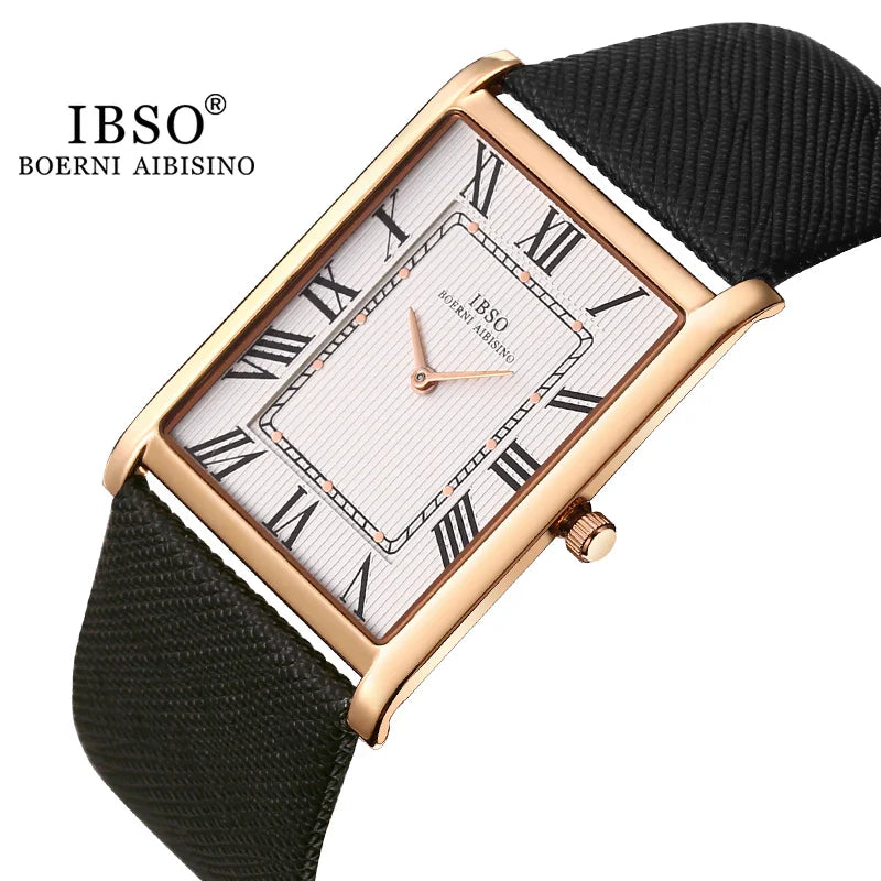 IBSO Ultra-Thin Rectangle Dial Men's Quartz Watch – Luxury Business Style, Genuine Leather Strap, Waterproof