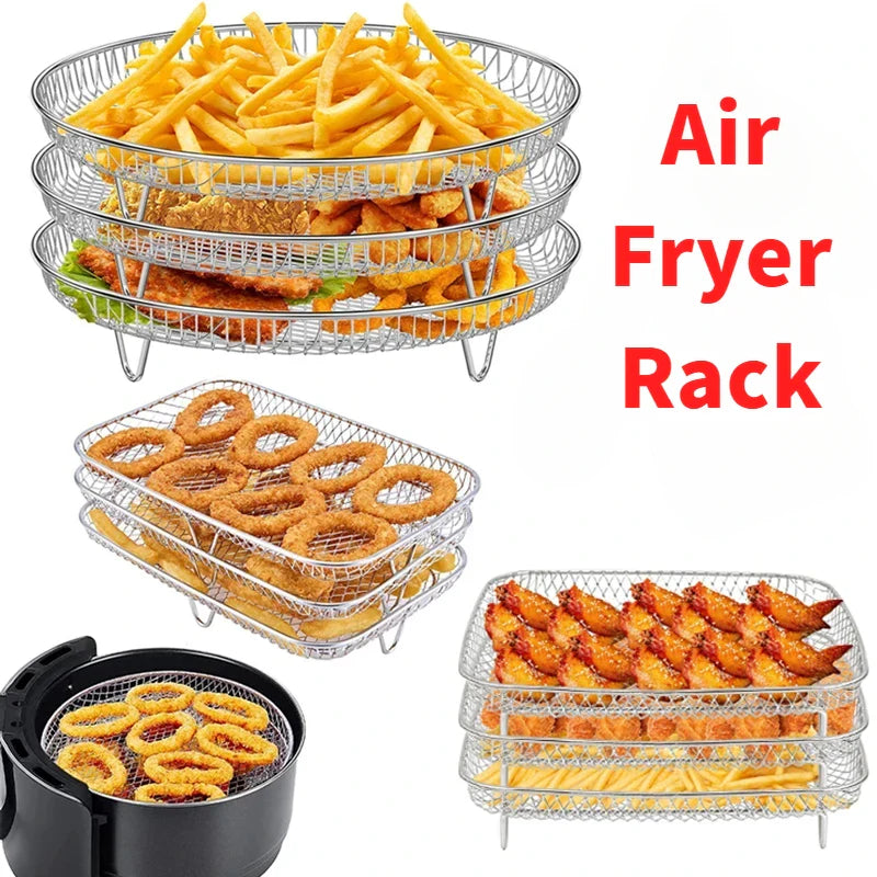 3-Layer Stackable Air Fryer Rack – 304 Stainless Steel Grilling & Steaming Rack for Oven & Cooking Tools