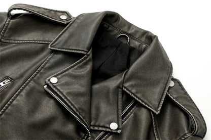 RARF 2024 Women's Washed Leather Jacket – Coal Gray Short Coat with Belt, Vintage Lapel & Zipper