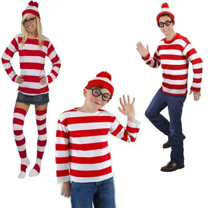 Wheres Waldo Costume Set - Striped Shirt, Glasses, Hat & Socks for Kids and Adults
