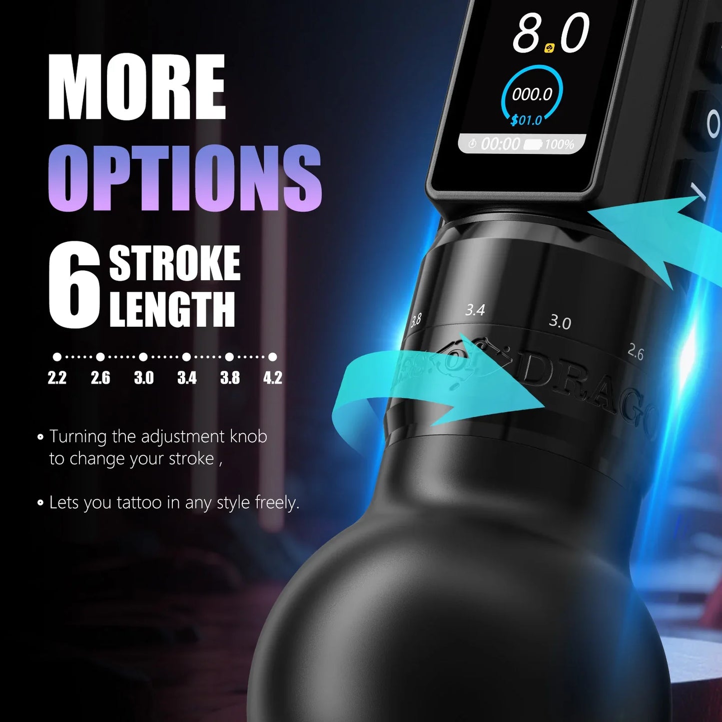 Ambition Traveler-T2 Wireless Tattoo Machine - Adjustable Stroke Tattoo Pen with 2000mAh Battery