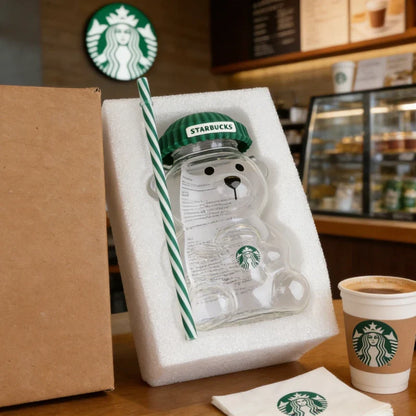 Starbucks Bearista Bear Glass Tumbler - 591ml 20oz Clear Cup with Green Lid & Straw