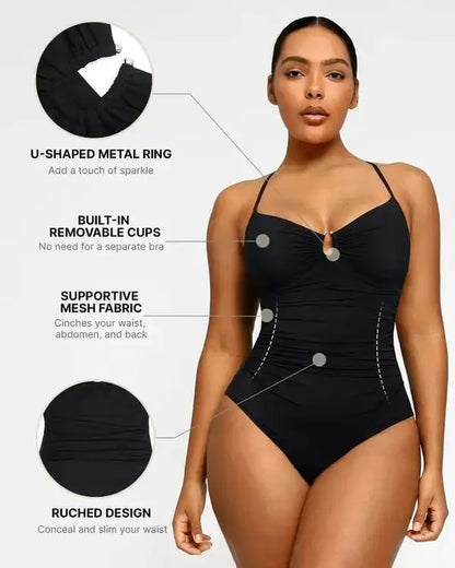 Smart Sculpt U-Ring One Piece Swimsuit - Shiny V-Neck Ruching Waist Backless Shaping Beachwear