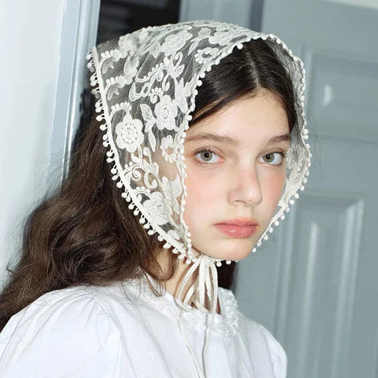 White Woven Floral Lace Hair Scarf Wrap – Retro Triangle Headscarf, Travel & Photo Hat, Hair Accessories for Women