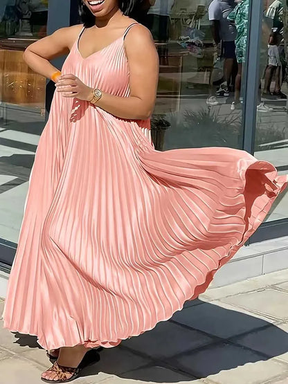 Women’s Summer Sleeveless V-Neck Dress – Elegant Pleated Loose Long Dress, Thin Straps, Plus Size