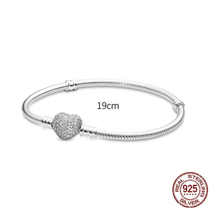 New 925 Sterling Silver Snake Chain Charm Bracelet – Fits Original 925 Pendant Charms & Beads, Heart Bracelet Jewelry for Women