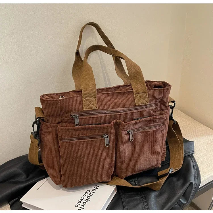 Corduroy Messenger Bag - Large Capacity Multi-Layer Shoulder Tote for Commuting & Camping