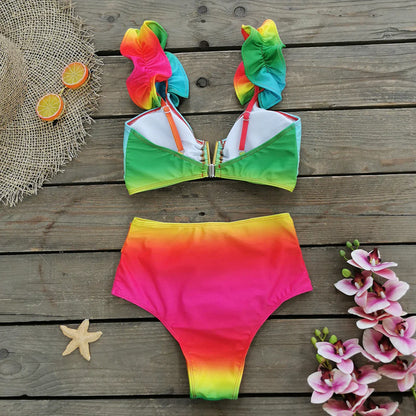 Sporlike V-Neck Ruffled Bikini Set – High Waist Sexy Printed Two-Piece Swimsuit for Women 2025